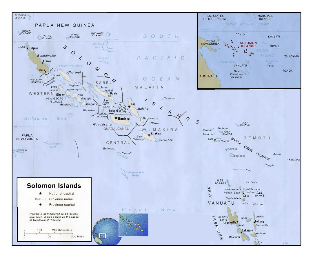 Detailed political and administrative map of Solomon Islands with large cities