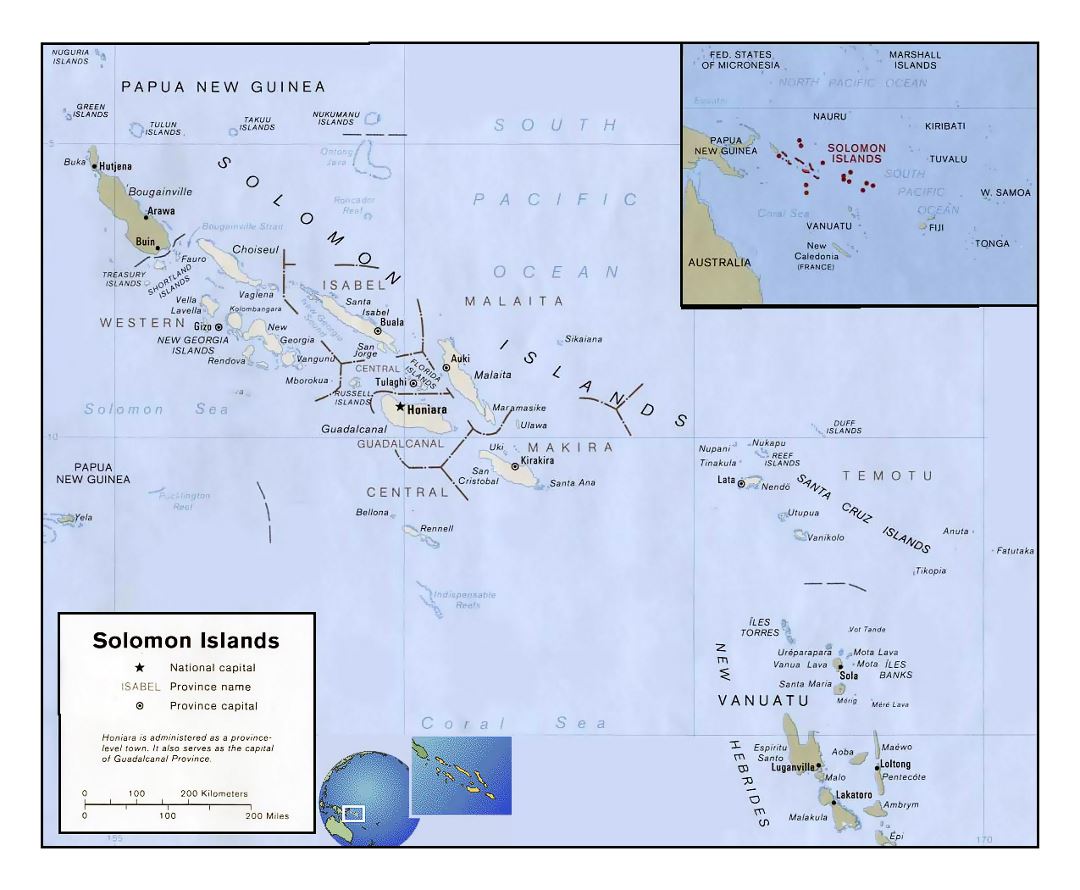 Detailed political and administrative map of Solomon Islands with large cities