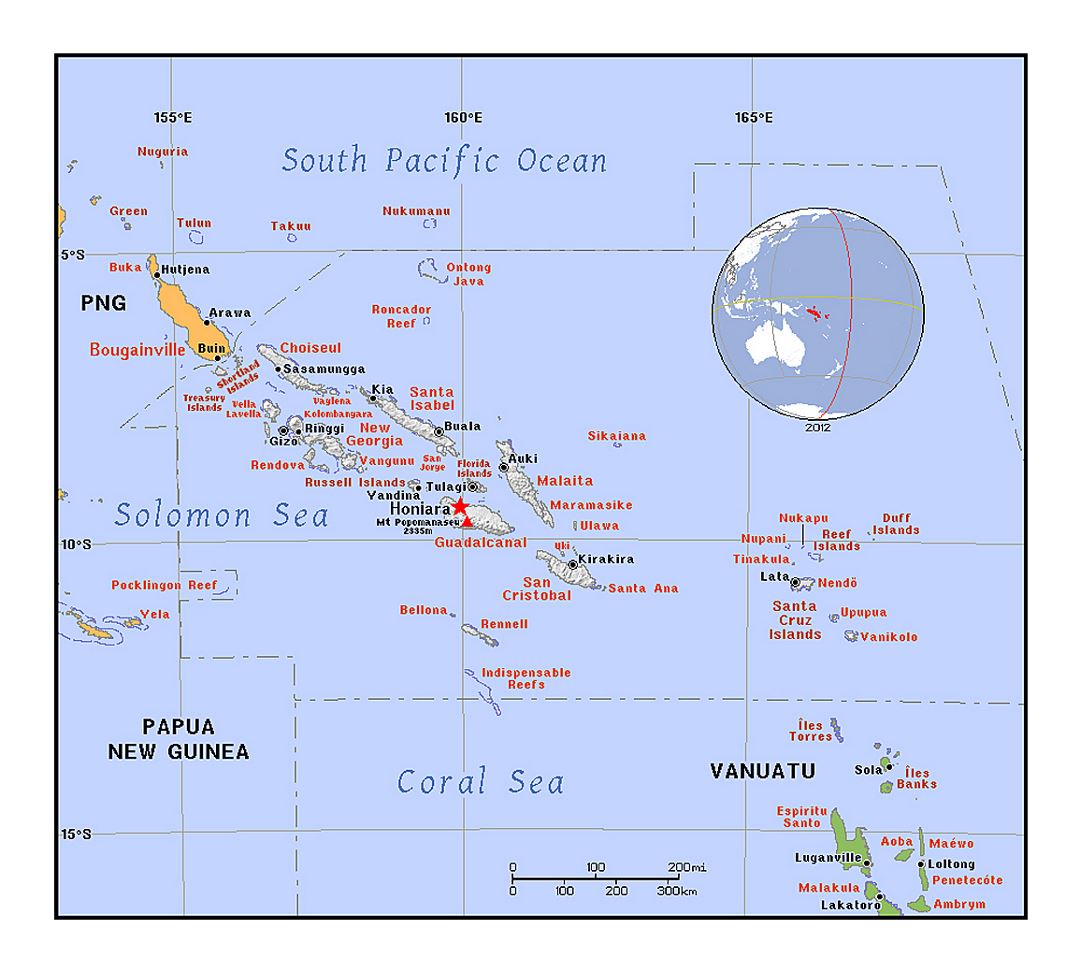 Detailed political map of Solomon Islands with relief