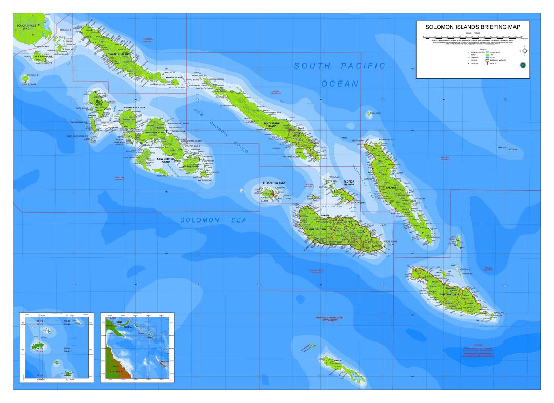 Large detailed briefing map of Solomon Islands with airports and other marks
