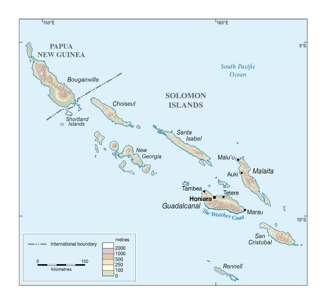 Large detailed elevation map of Solomon Islands
