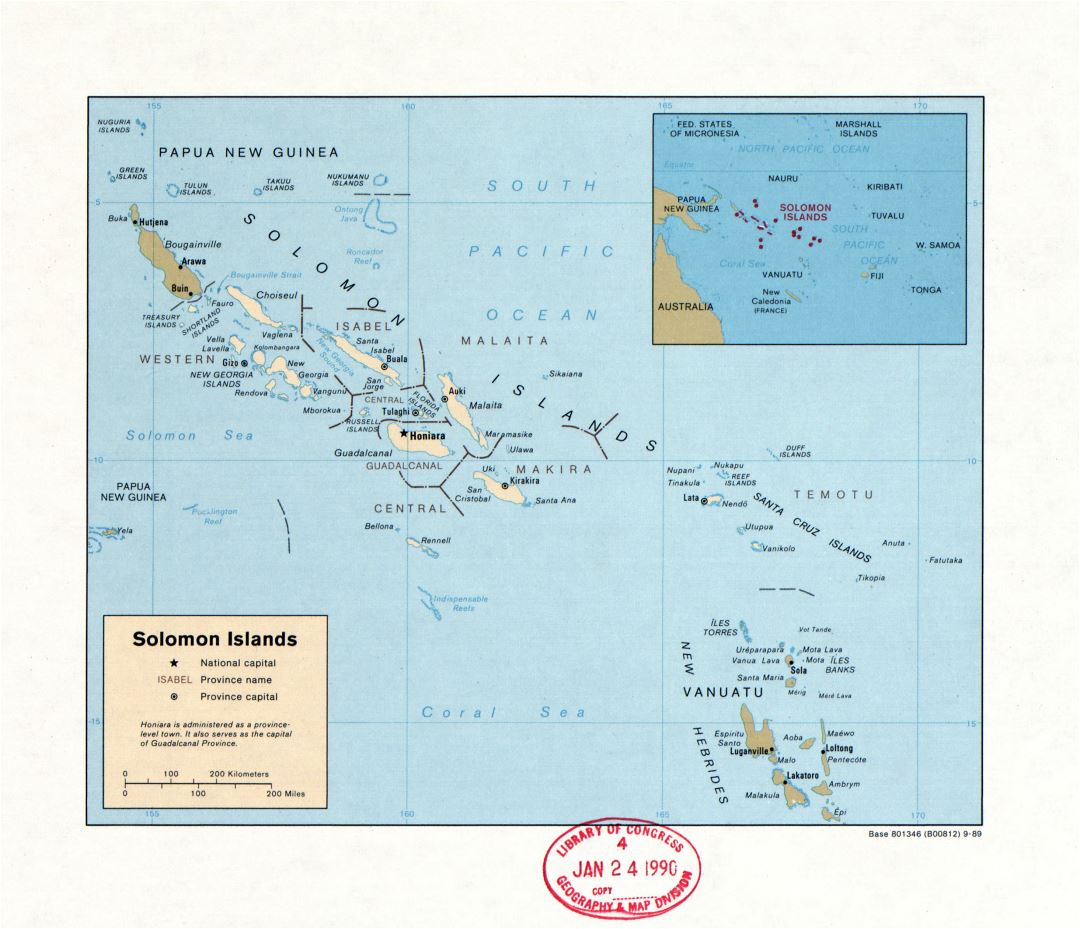 Large detailed political and administrative map of Solomon Islands with large cities - 1989