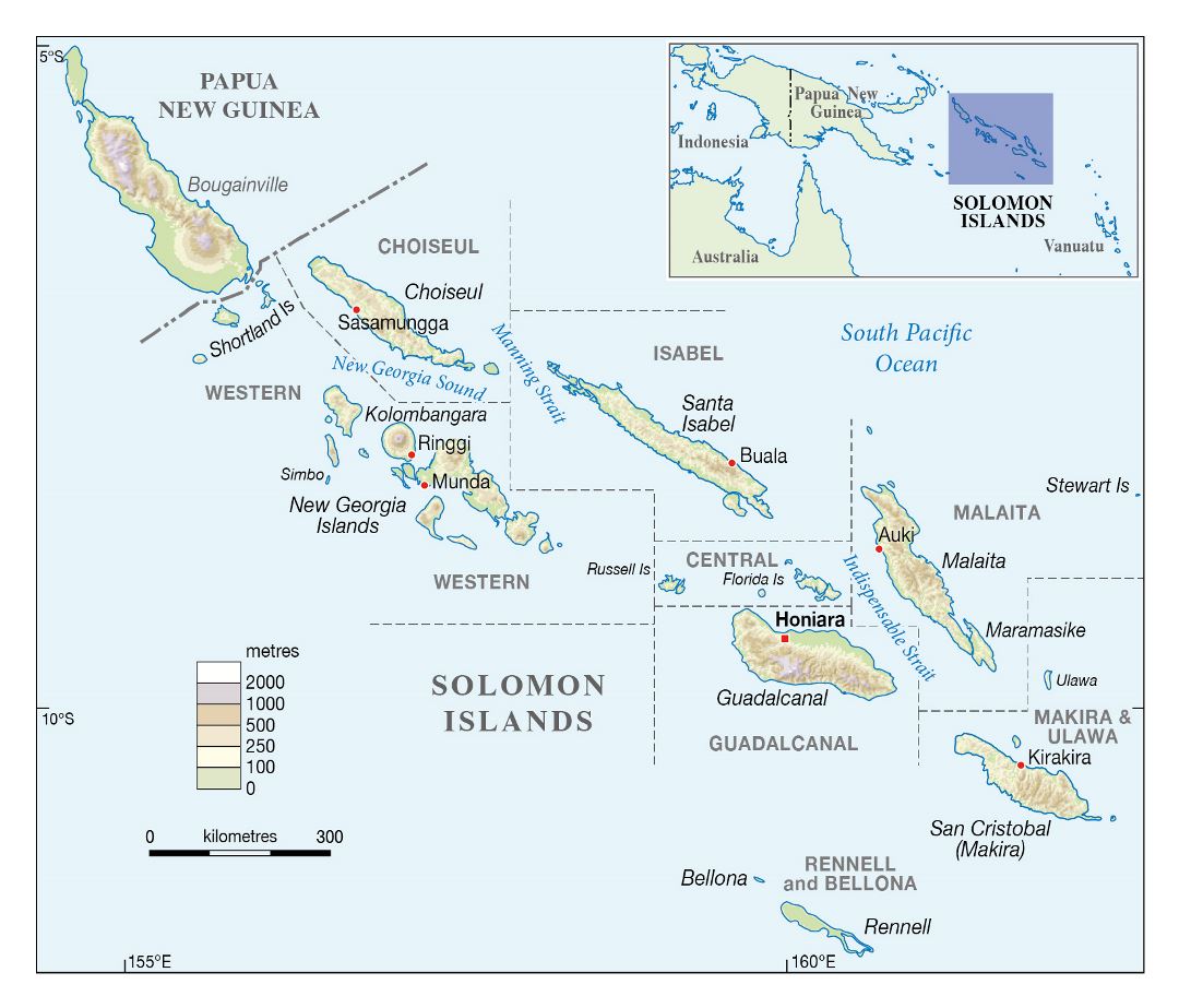 Large elevation map of Solomon Islands with large cities
