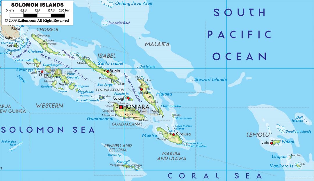 Large physical map of Solomon Islands with cities and airports