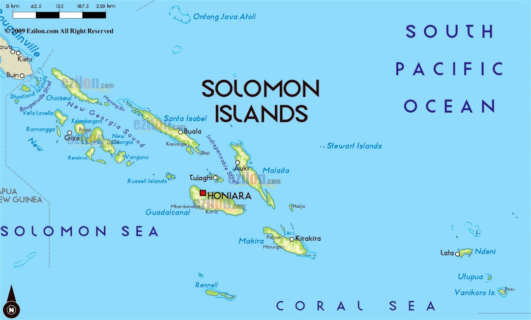 Large physical map of Solomon Islands with large cities