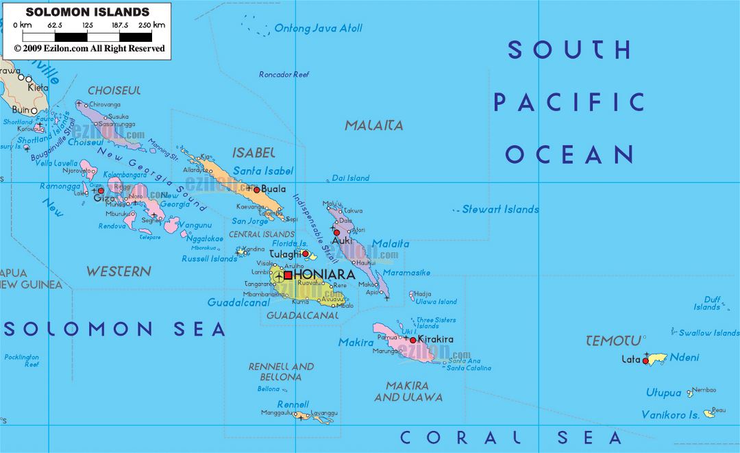 Large political and administrative map of Solomon Islands with cities and airports