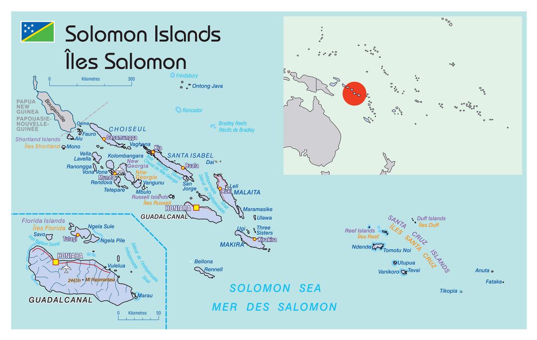 Large political map of Solomon Islands with cities and airports