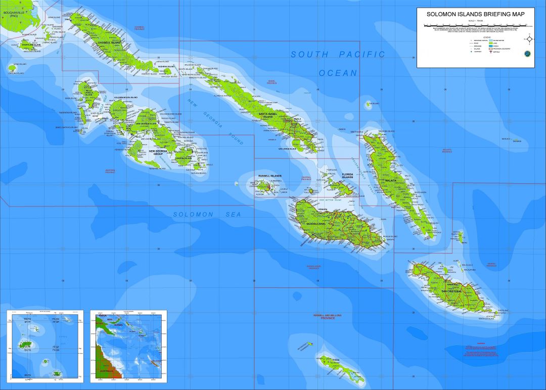 Large scale briefing map of Solomon Islands with other marks