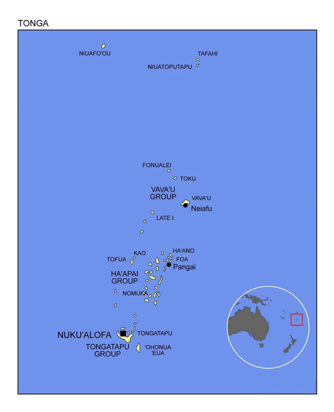 Detailed political map of Tonga with location map