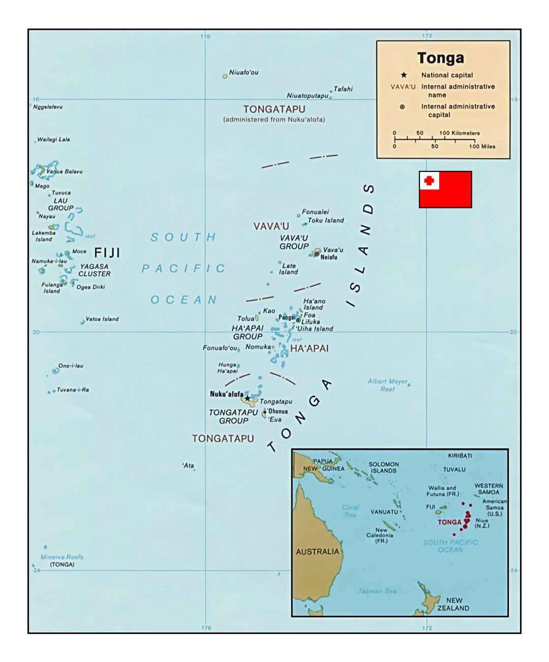 Detailed political map of Tonga with other marks