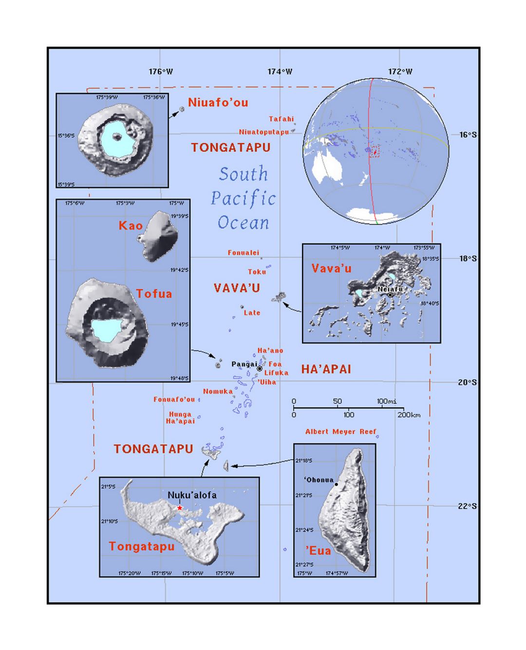 Detailed political map of Tonga with relief