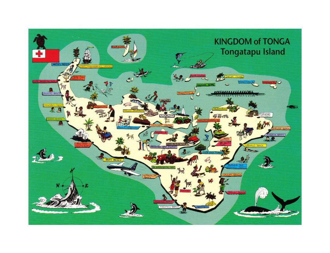 Detailed tourist illustrated map of Tongatapu Island, Tonga