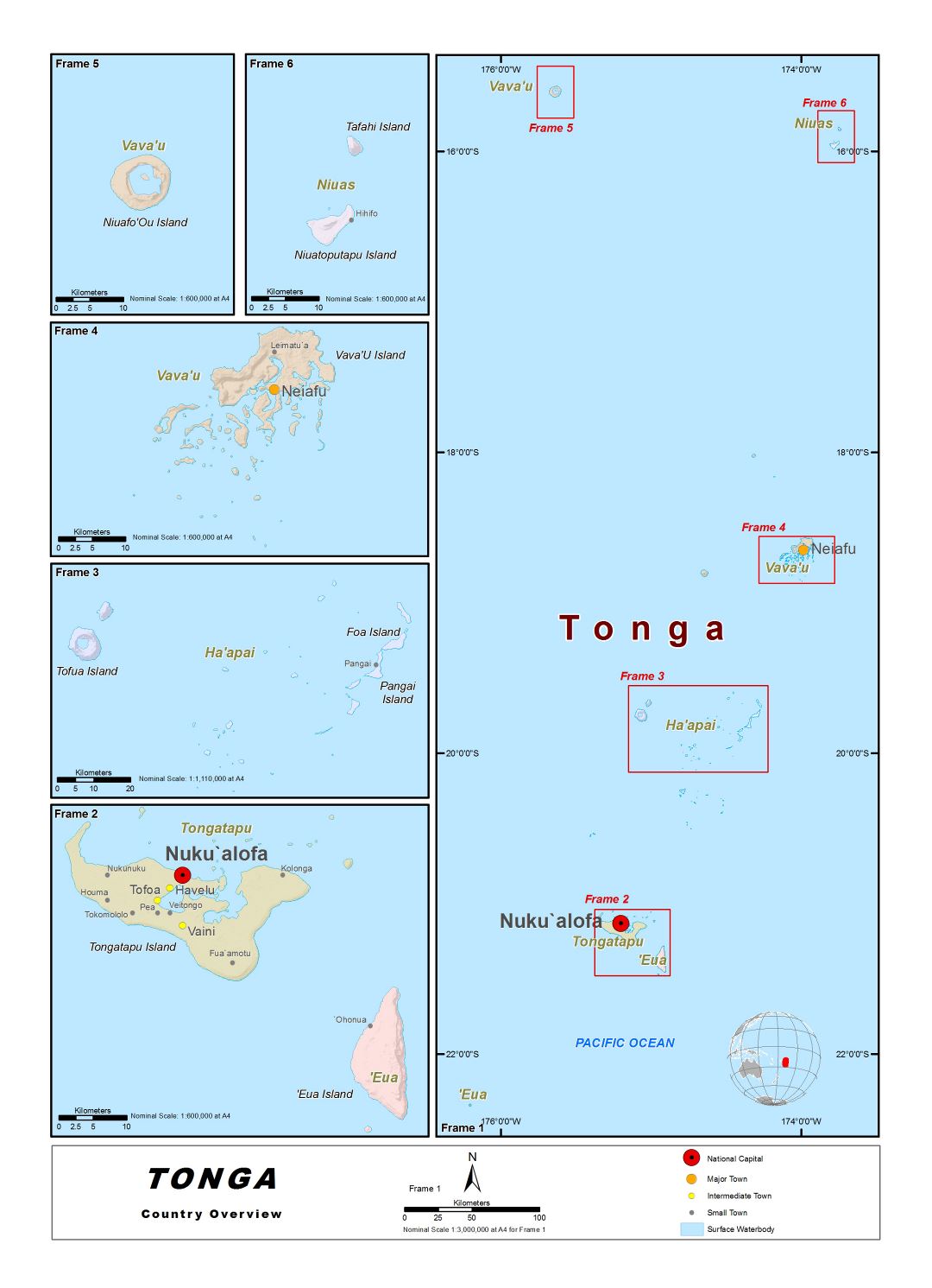 Large detailed map of Tonga with relief, cities, villages and other marks