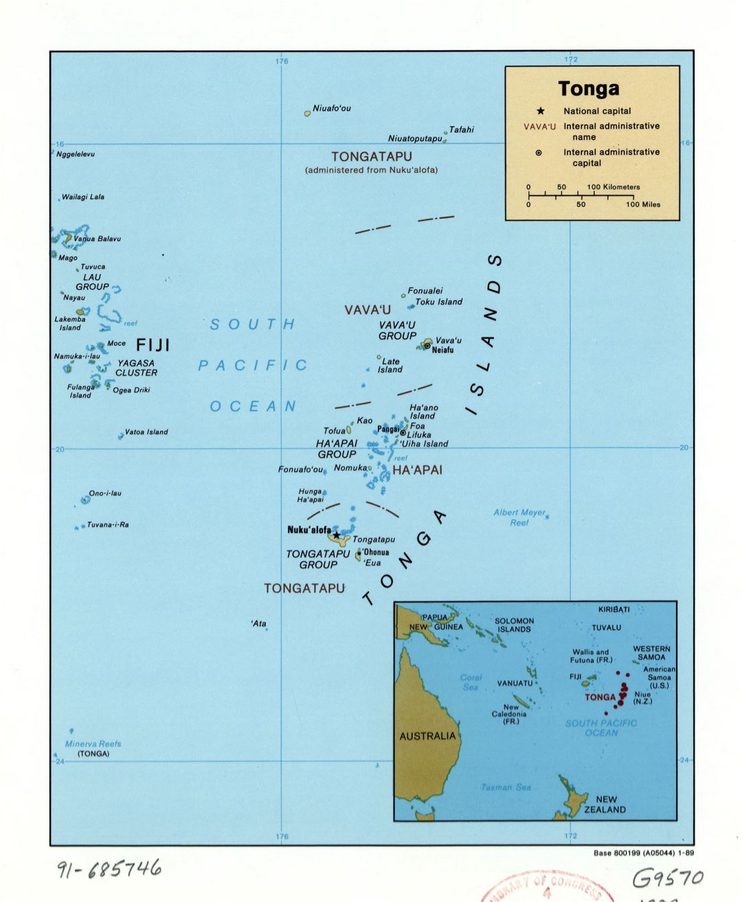 Large detailed political and administrative map of Tonga with large cities and island names - 1989