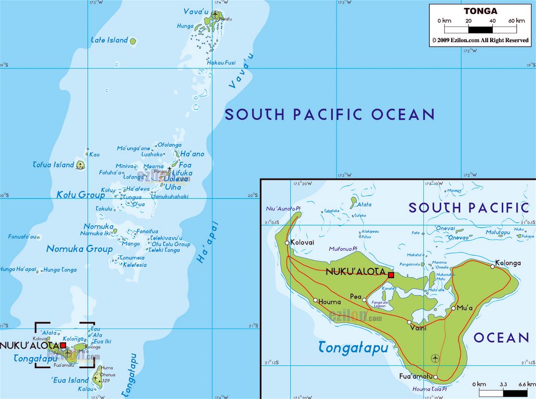 Large physical map of Tonga with roads, cities and airports