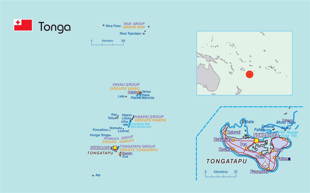 Large political map of Tonga with cities