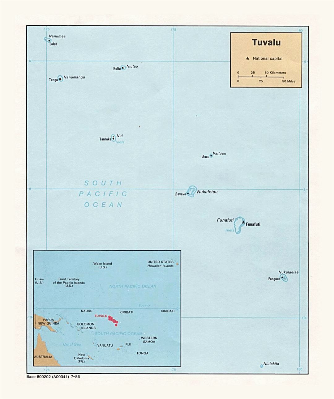 Detailed political map of Tuvalu with cities and island names - 1986