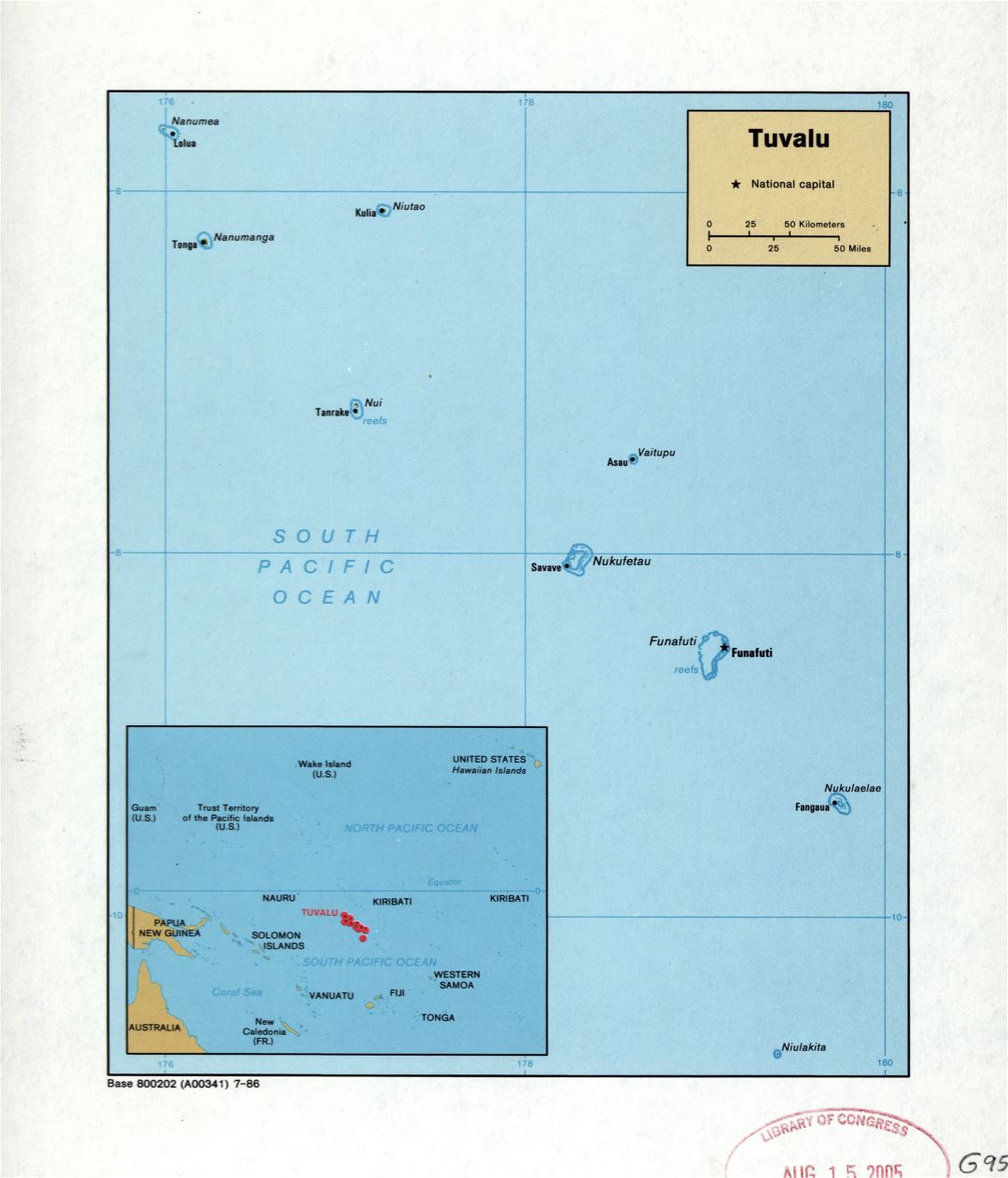 Large detailed political map of Tuvalu with cities and island names - 1986