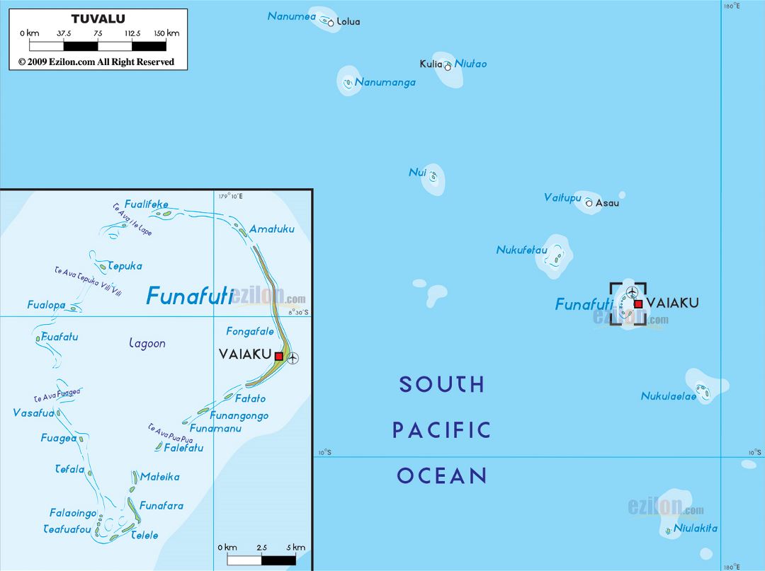 Large physical map of Tuvalu with cities and airport