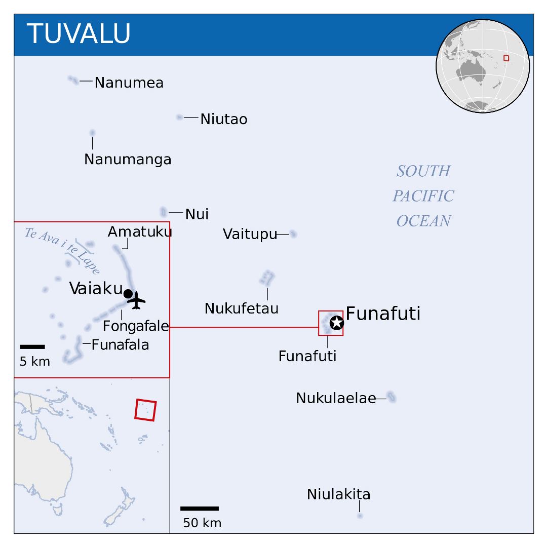 Large political map of Tuvalu with island names and airport