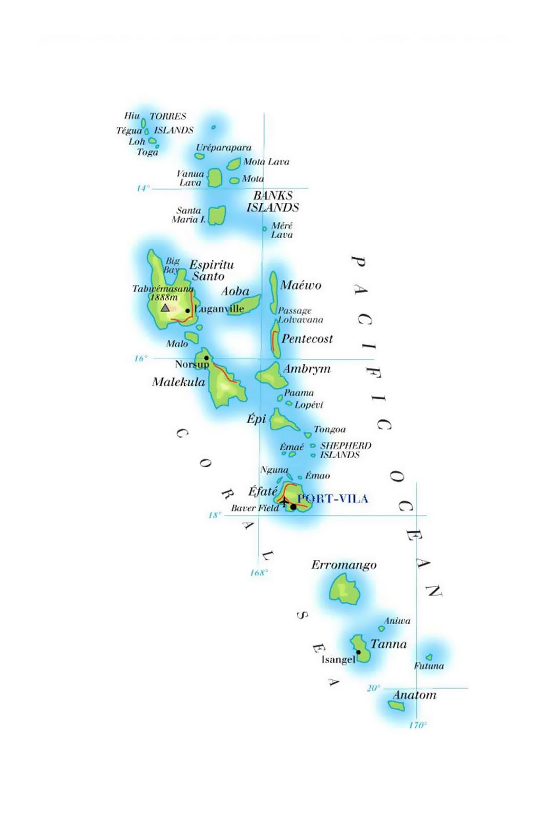 Detailed elevation map of Vanuatu with roads, large cities and airports