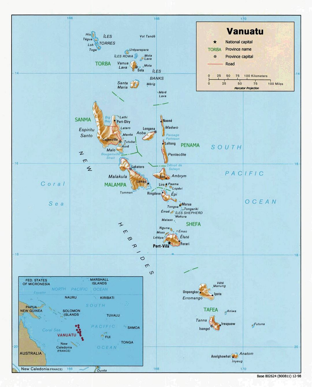 Detailed political and administrative map of Vanuatu with relief, roads and cities - 1998