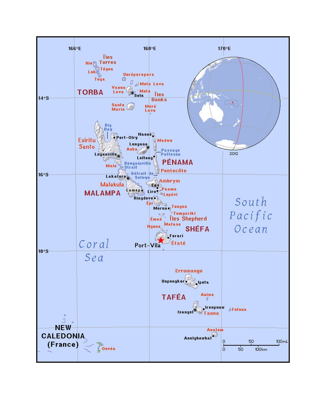 Detailed political map of Vanuatu with relief