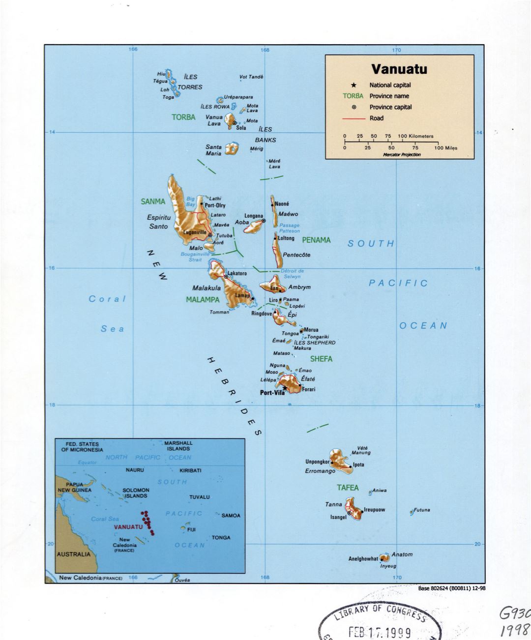 Large detailed political and administrative map of Vanuatu with relief, roads, cities and island names - 1998