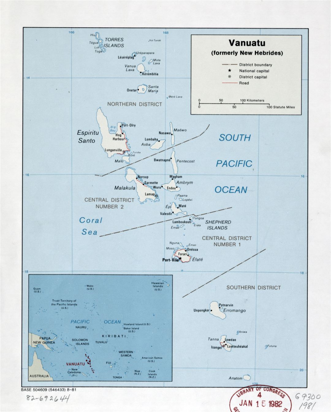 Large detailed political and administrative map of Vanuatu with roads, cities and island names - 1981