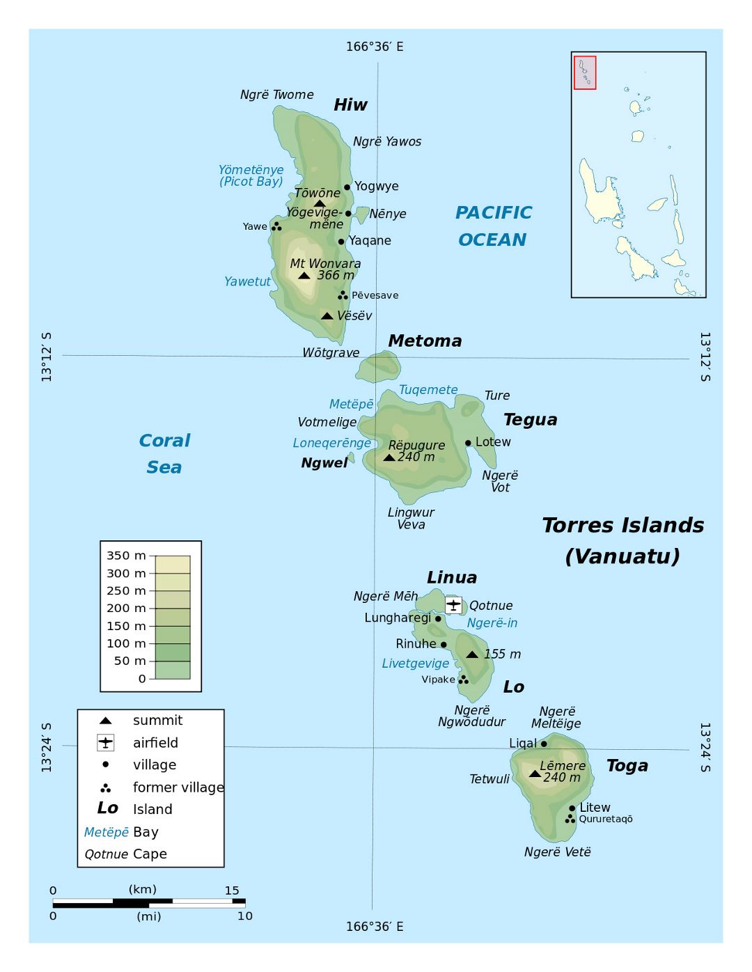Large elevation map of Torres Islands, Vanuatu with other marks