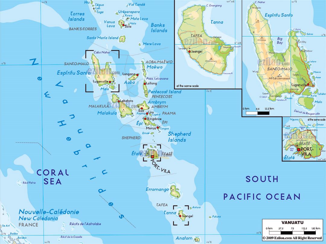 Large physical map of Vanuatu with roads, cities and airports