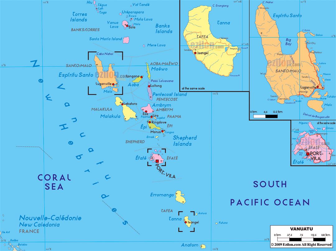 Large political and administrative map of Vanuatu with roads, cities and airports