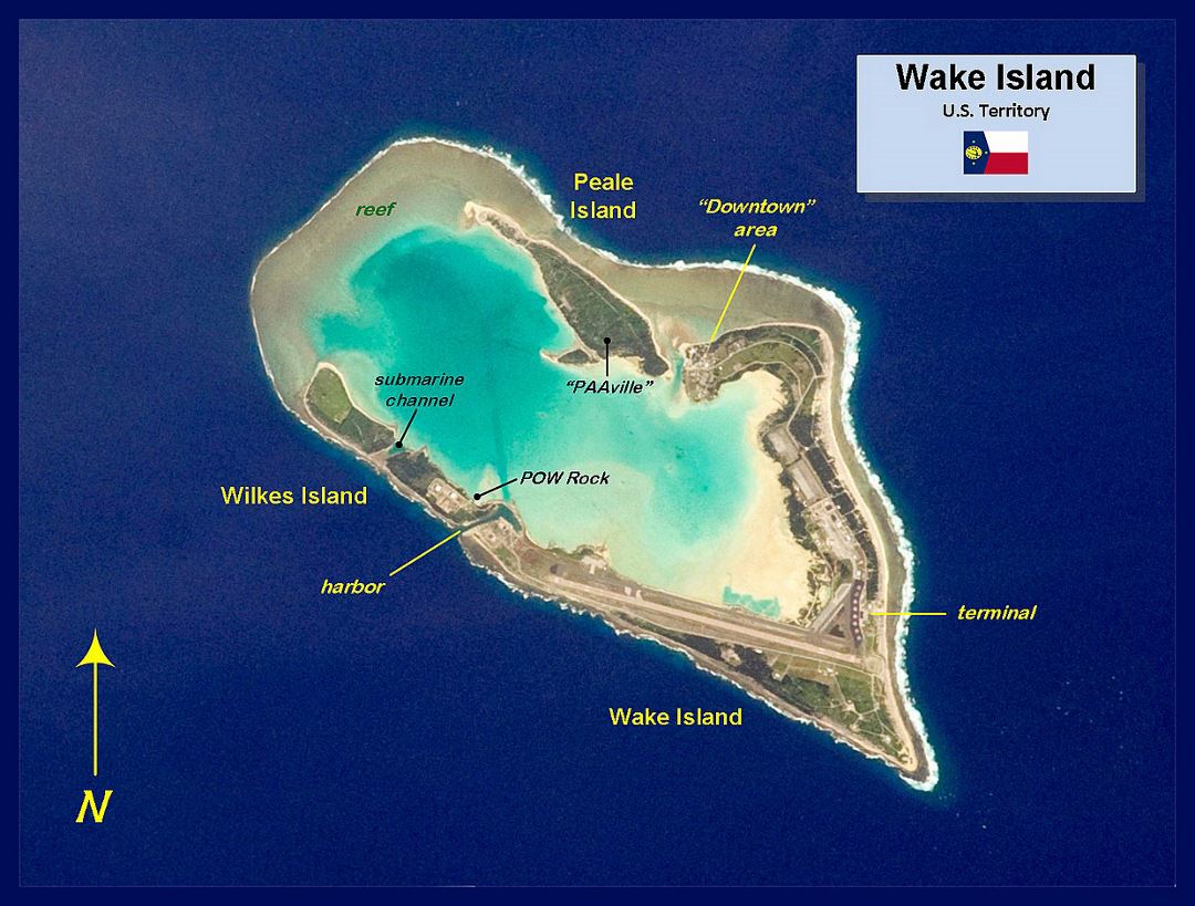 Detailed Wake Atoll NASA photo map with marks