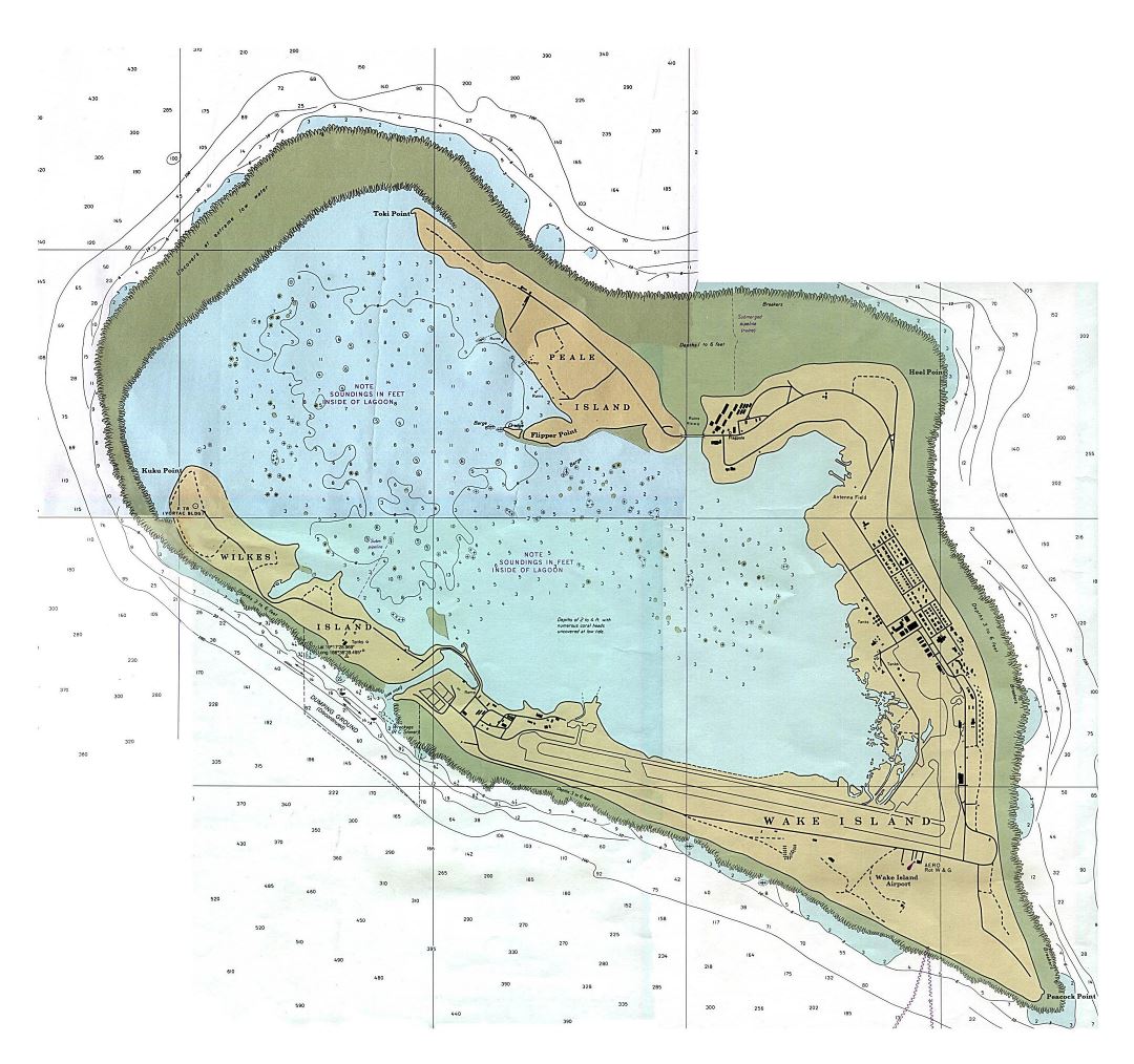 Large detailed topographical map of Wake Atoll