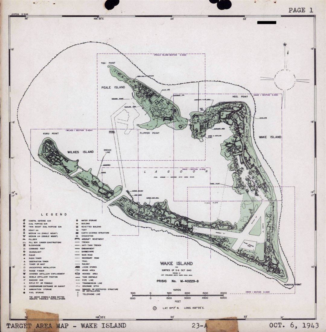 Large detailed topographical map of Wake Island - 6, October, 1943