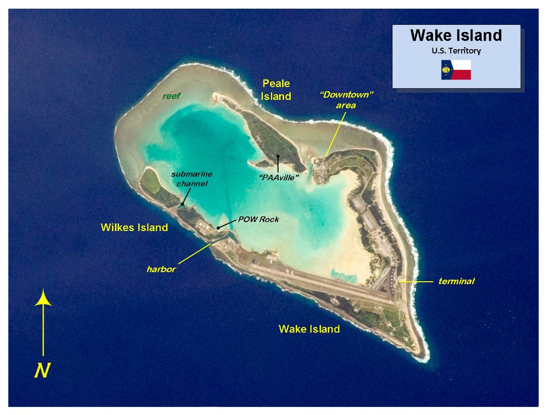 Large detailed Wake Island NASA photo map with marks