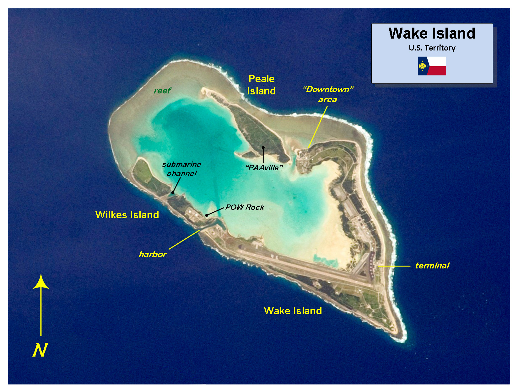 Large detailed Wake Island NASA photo map with marks Wake Atoll
