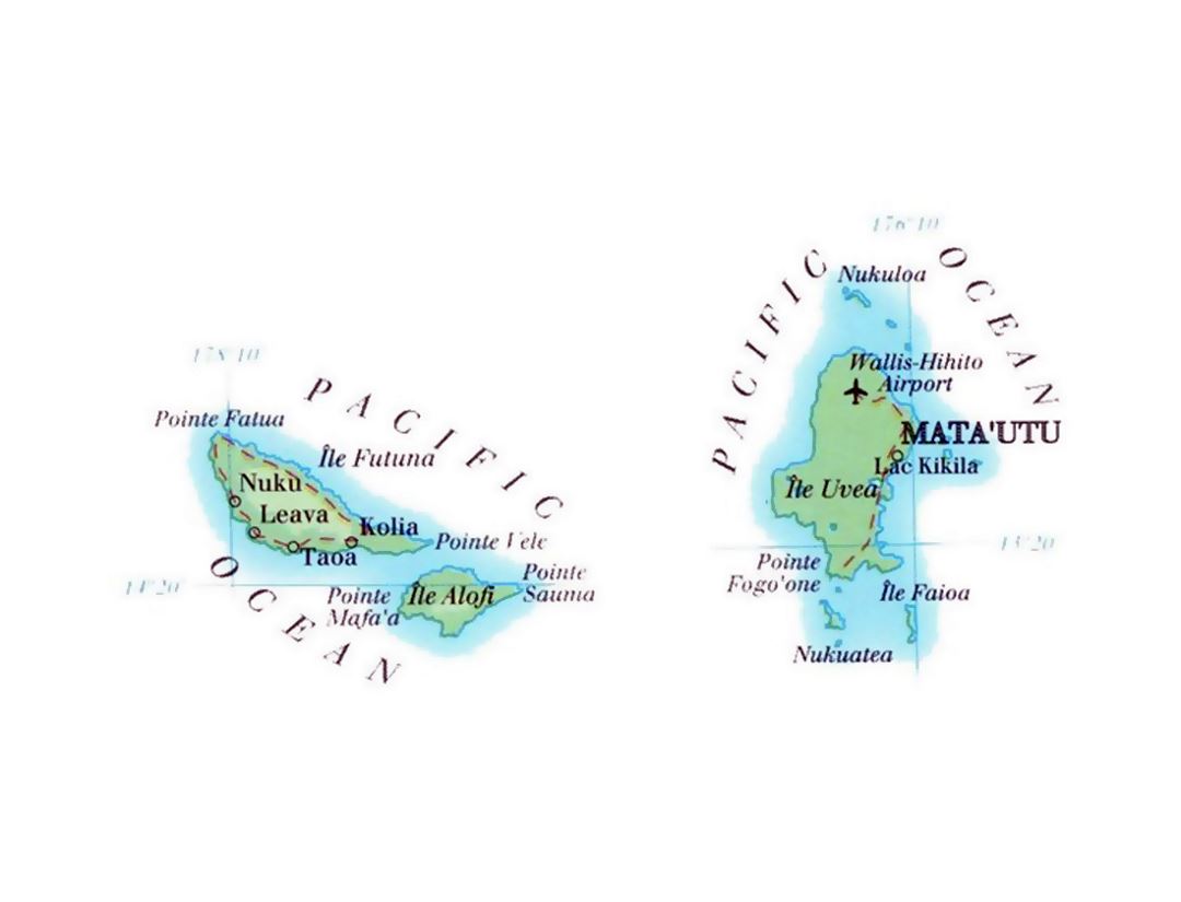 Detailed elevation map of Wallis and Futuna with roads, cities and airports