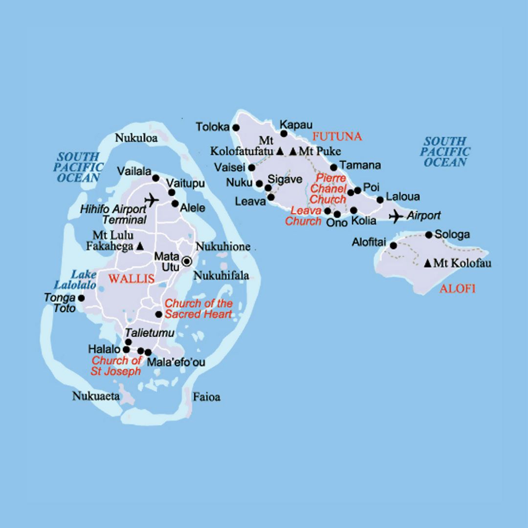 Detailed map of Wallis and Futuna with roads, cities and airports
