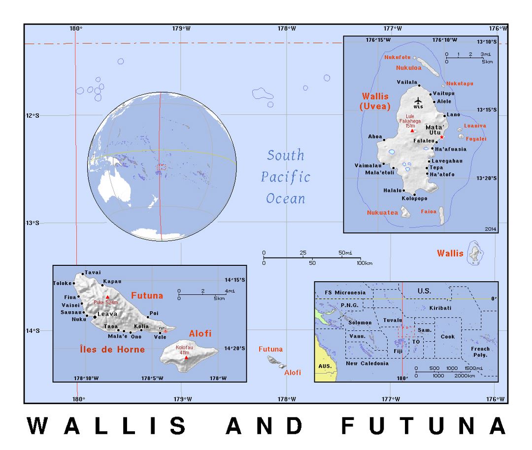 Detailed political map of Wallis and Futuna with relief