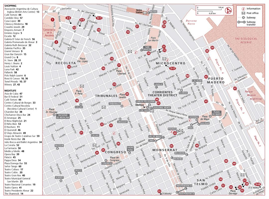 Detailed shopping and nightlife map of Buenos Aires city