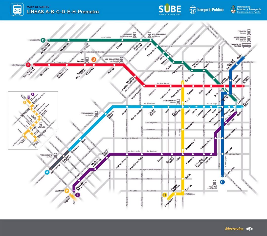 Large metro map of Buenos Aires city