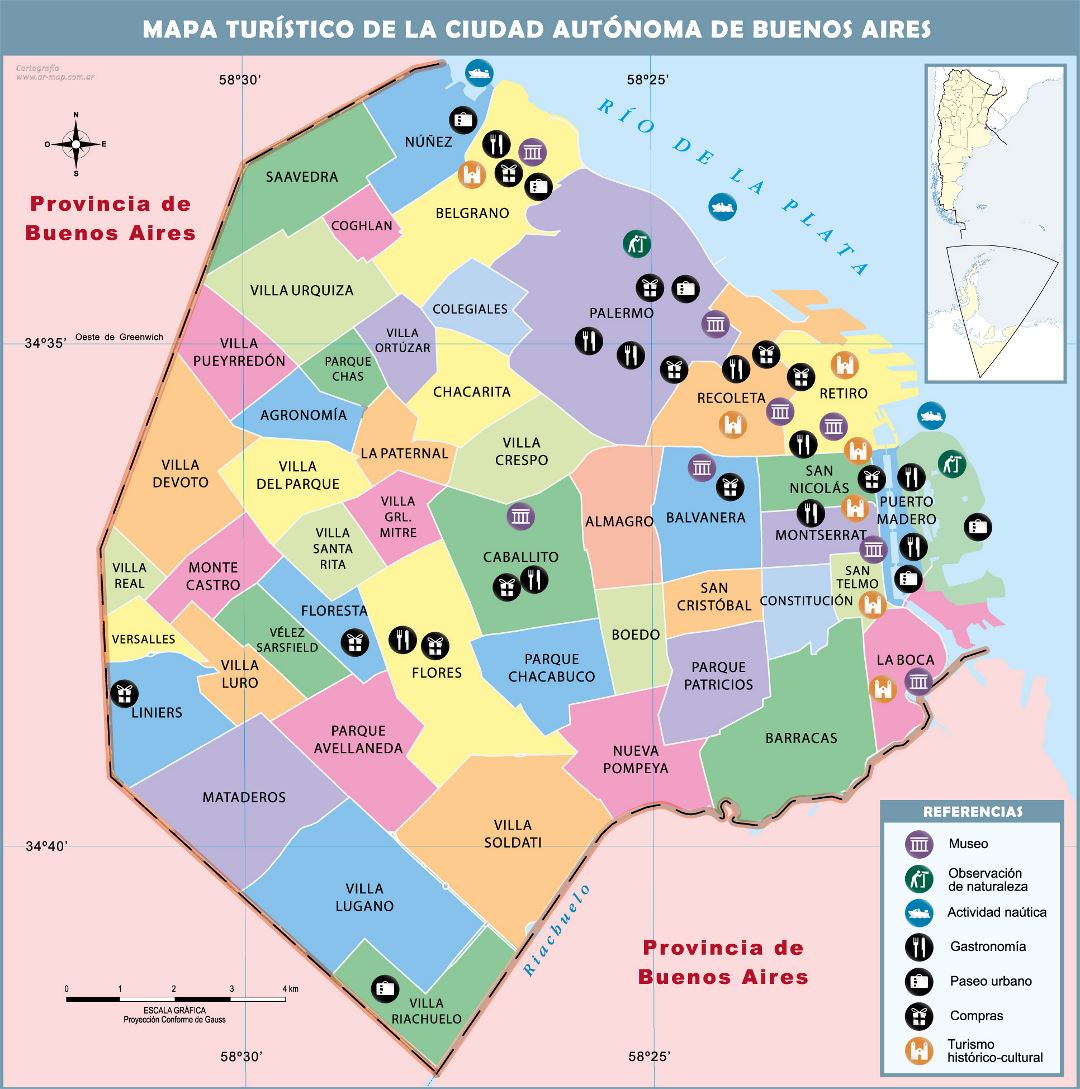 Large tourist and administrative subdivisions map of Buenos Aires city