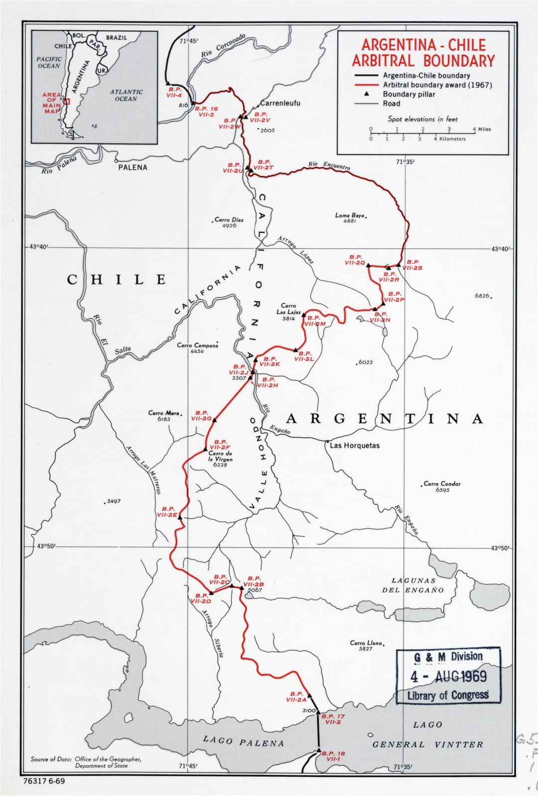 Large detailed Argentina-Chile arbitral boundary map - 1969