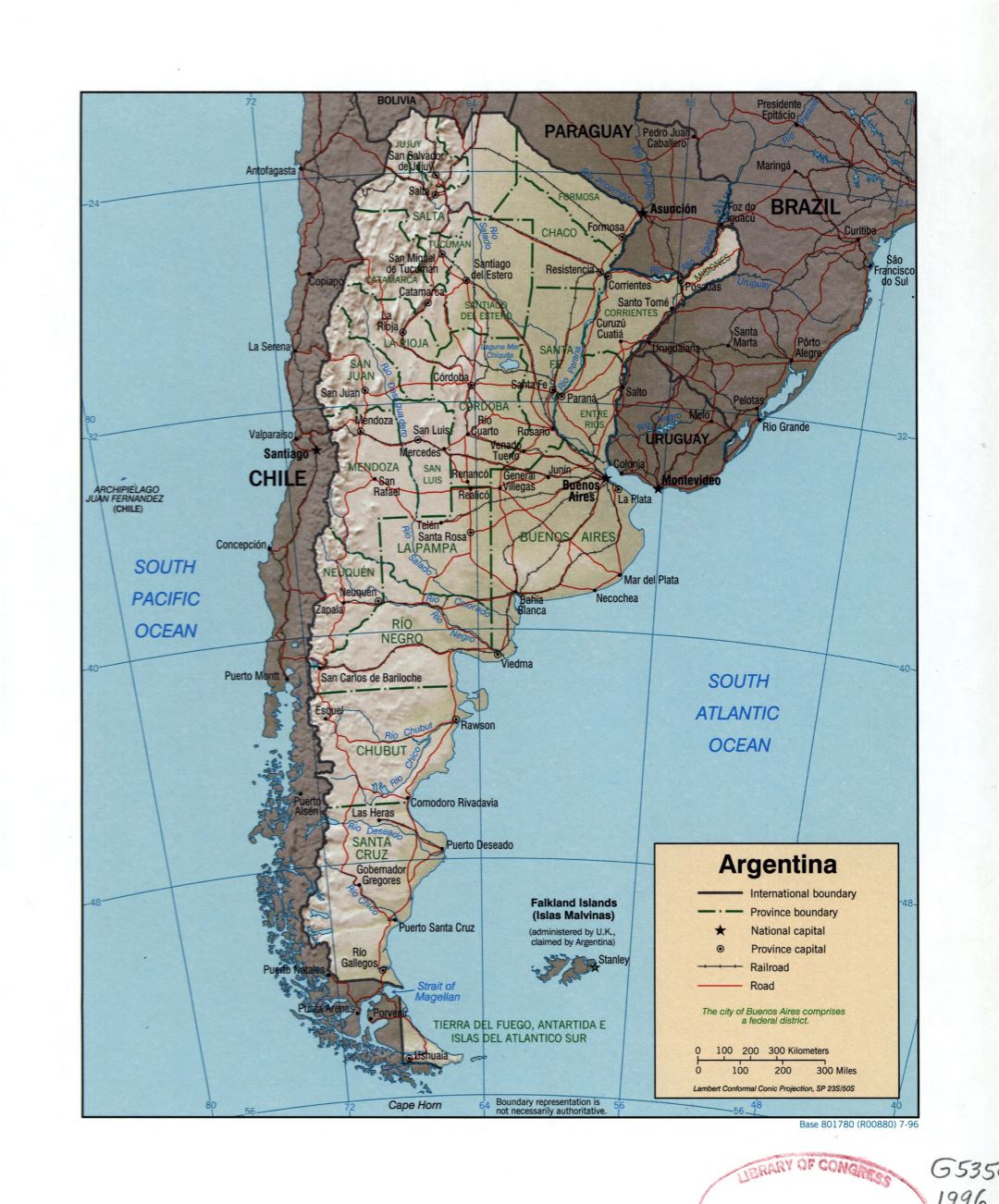 Large detailed political and administrative map of Argentina with relief, roads, railroads, cities and major cities - 1996