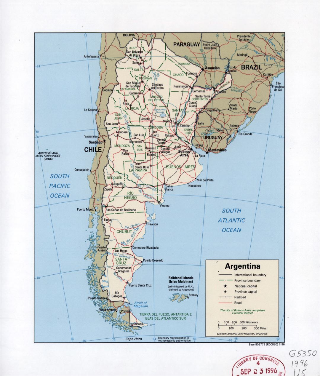 Large detailed political and administrative map of Argentina with roads, railroads, cities and major cities - 1996