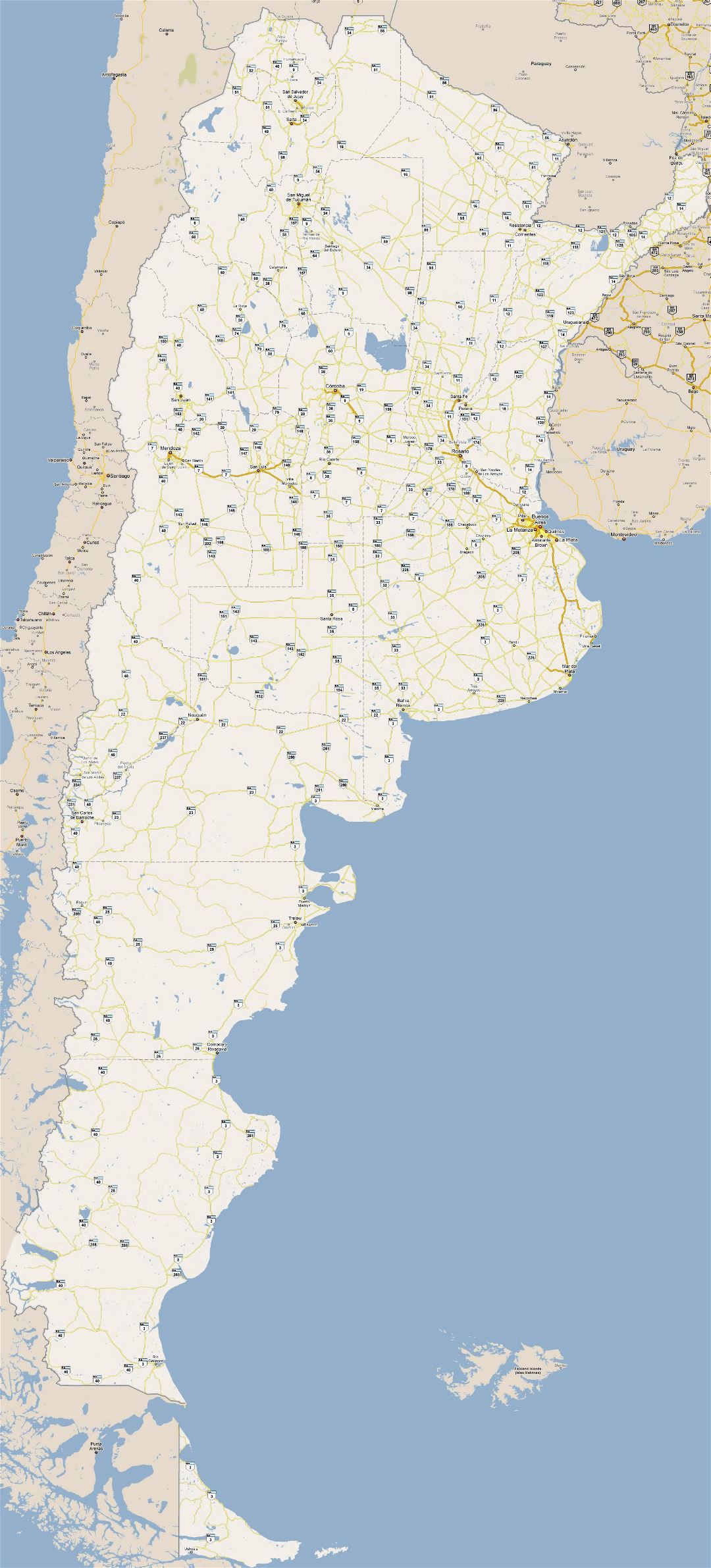Large detailed road map of Argentina with cities