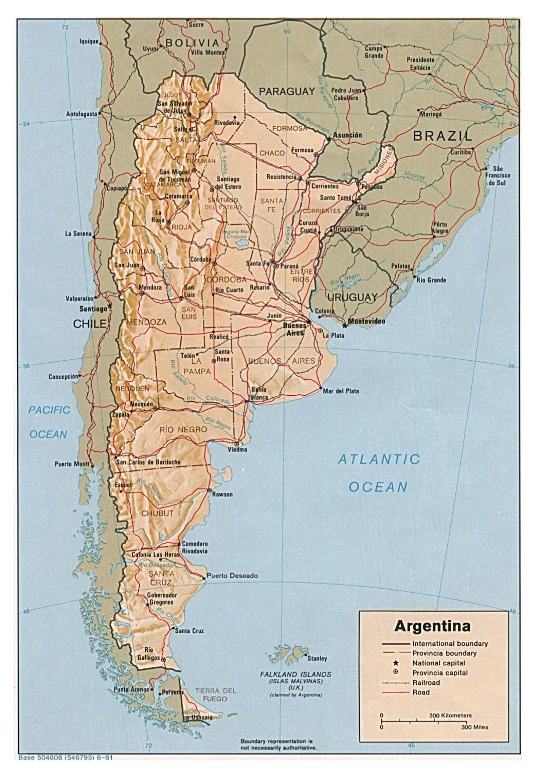 Large political and administrative map of Argentina with relief, roads and major cities - 1981