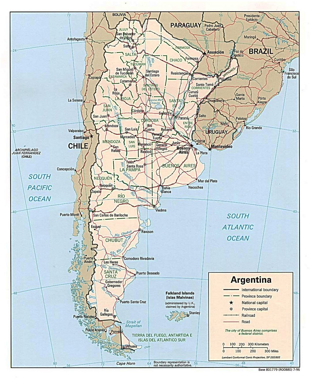 Large political and administrative map of Argentina with roads and major cities - 1996