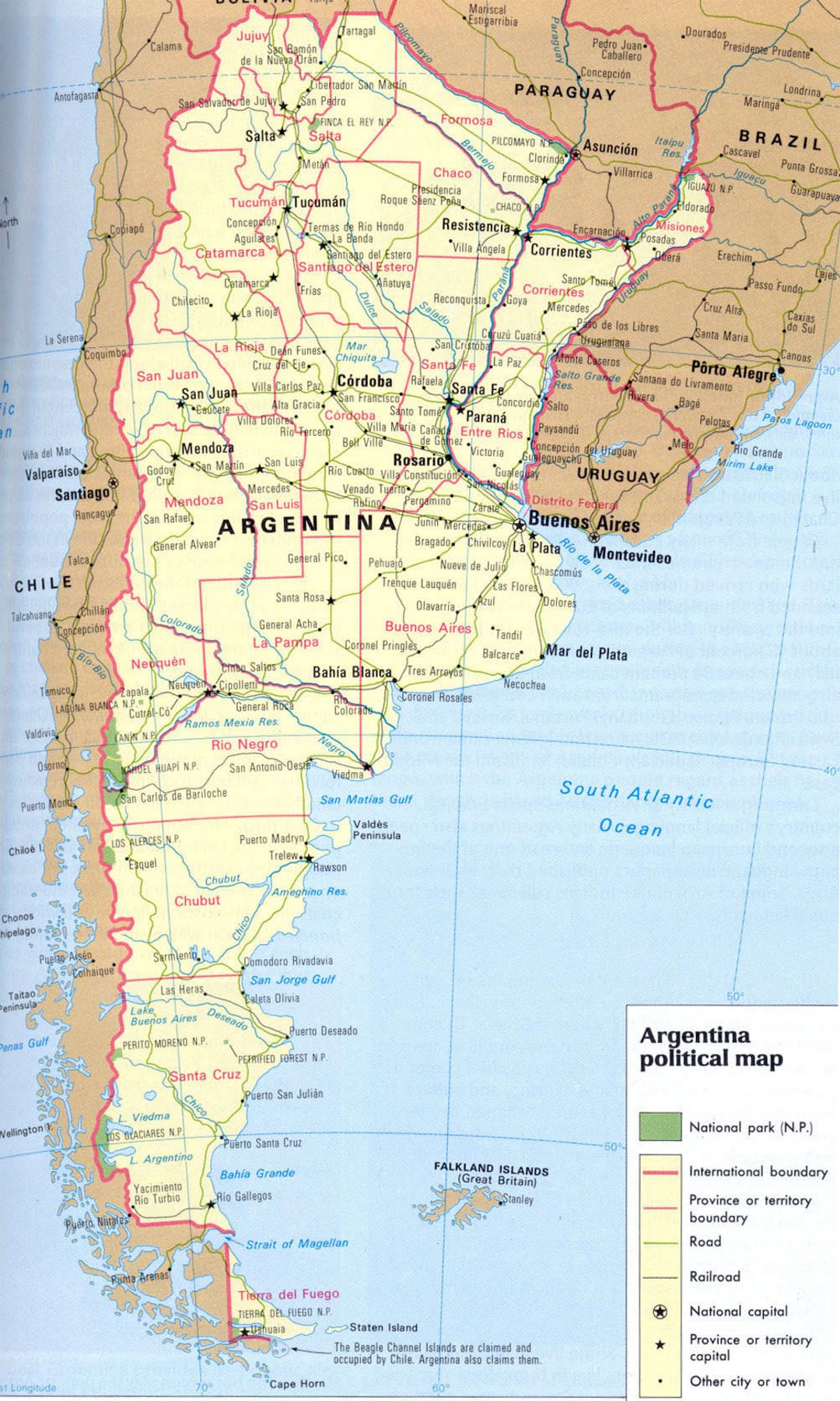 Large political map of Argentina with roads